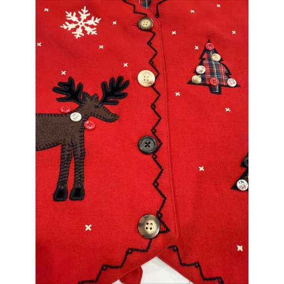 Talbots Christmas Women's Red Wool Buttons Applique Vest Size M Tartan Plaid - Picture 7 of 8